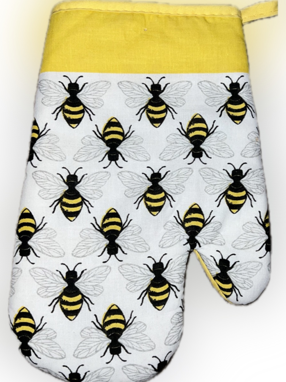 🔴New Bee Print Oven Mitt in Yellow White Cotton Farmhouse Summer Bumblebee
